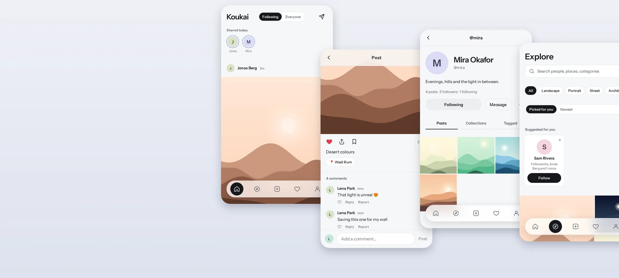 Koukai feed, post, profile and explore screens